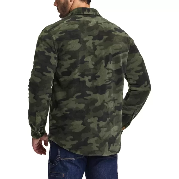 CQR Mens Long Sleeve Heavyweight Fleece Shirts Plaid Button Up Shirt Warm Outdoor Casual Shirt with PocketsOne Pocket Woodland Camo Olive