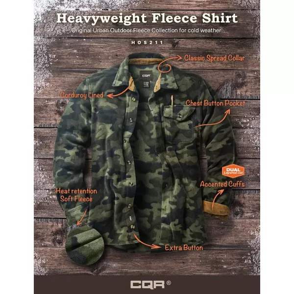 CQR Mens Long Sleeve Heavyweight Fleece Shirts Plaid Button Up Shirt Warm Outdoor Casual Shirt with PocketsOne Pocket Woodland Camo Olive