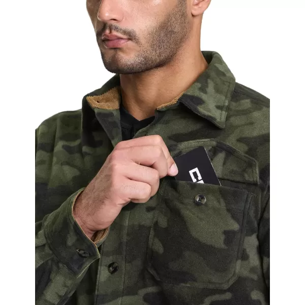 CQR Mens Long Sleeve Heavyweight Fleece Shirts Plaid Button Up Shirt Warm Outdoor Casual Shirt with PocketsOne Pocket Woodland Camo Olive