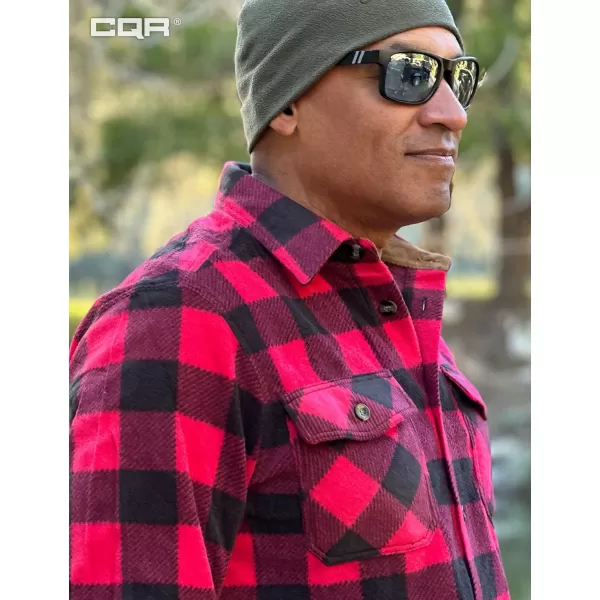 CQR Mens Long Sleeve Heavyweight Fleece Shirts Plaid Button Up Shirt Warm Outdoor Casual Shirt with PocketsPolar Fleece Red