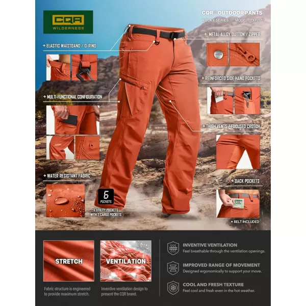 CQR Mens Quick Dry Tactical Pants Water Resistant Outdoor Pants Lightweight Stretch Cargo Work Hiking PantsRocky Cargo Burnt Orange