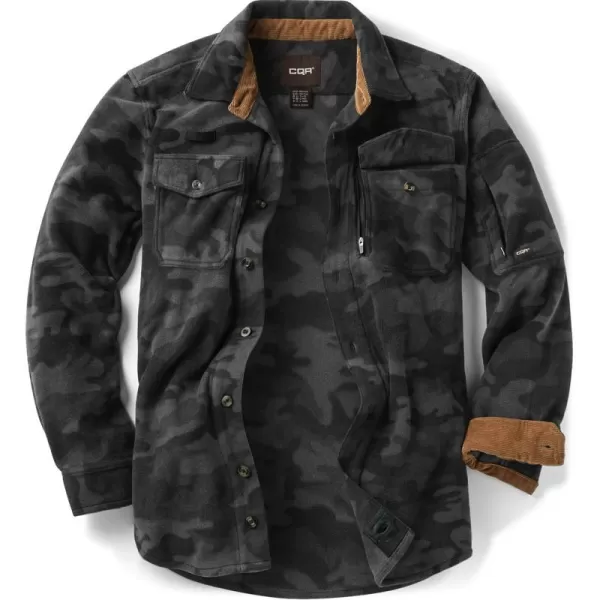 CQR Mens Long Sleeve Heavyweight Fleece Shirts Plaid Button Up Shirt Warm Outdoor Casual Shirt with PocketsHidden Zipper Pocket Urban Camo Black