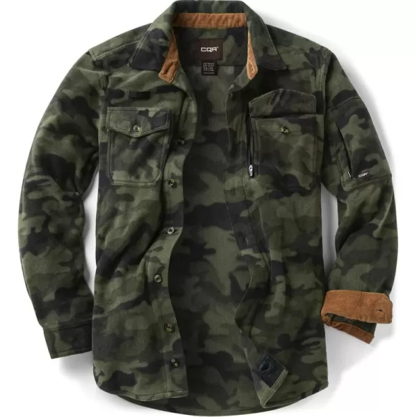 CQR Mens Long Sleeve Heavyweight Fleece Shirts Plaid Button Up Shirt Warm Outdoor Casual Shirt with PocketsHidden Zipper Pocket Woodland Camo Olive