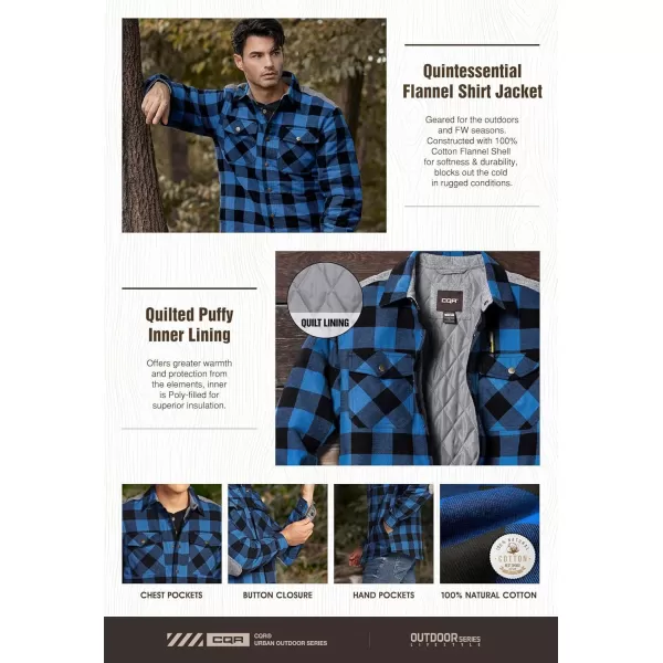 CQR Mens Plaid Flannel Shirt Jacket Long Sleeve Soft Warm SherpaQuilted Lined Jacket Outdoor Button UpZipFront JacketQuilted Lining Classic Blue