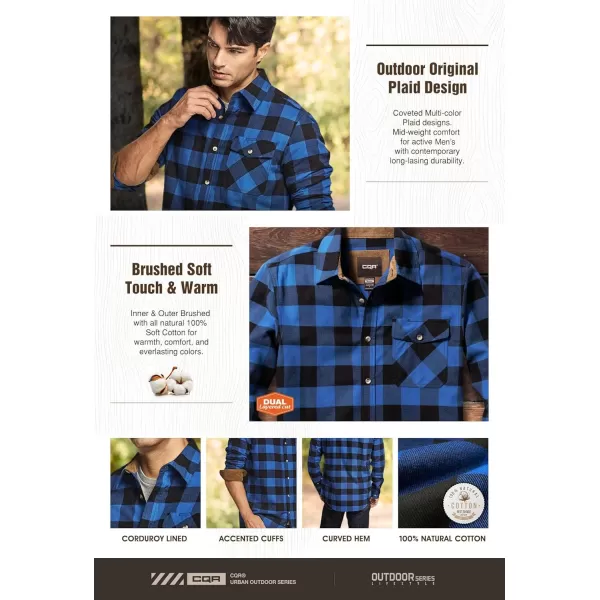 CQR Mens All Cotton Flannel Shirt Long Sleeve Casual Button Up Plaid Shirt Brushed Soft Outdoor ShirtsPlaid Classic Blue