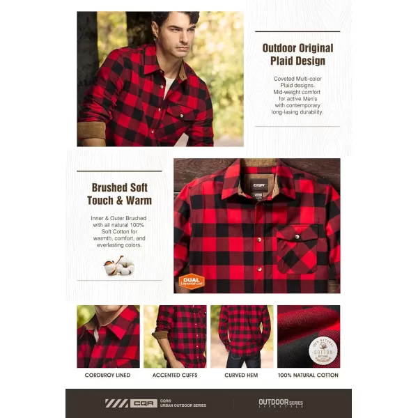 CQR Mens All Cotton Flannel Shirt Long Sleeve Casual Button Up Plaid Shirt Brushed Soft Outdoor ShirtsPlaid Classic Red