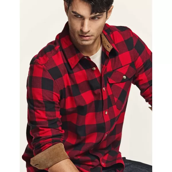 CQR Mens All Cotton Flannel Shirt Long Sleeve Casual Button Up Plaid Shirt Brushed Soft Outdoor ShirtsPlaid Classic Red