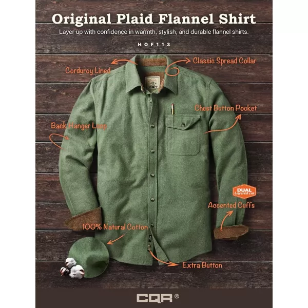 CQR Mens All Cotton Flannel Shirt Long Sleeve Casual Button Up Plaid Shirt Brushed Soft Outdoor ShirtsSolid Moss Green