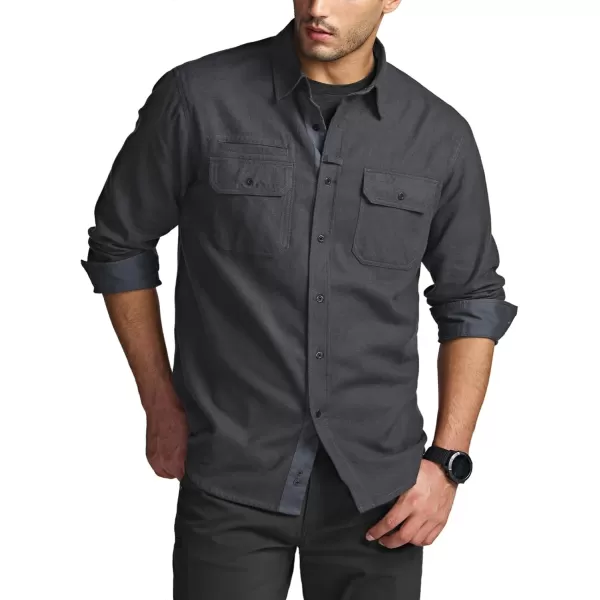 CQR Mens All Cotton Flannel Shirt Long Sleeve Casual Button Up Plaid Shirt Brushed Soft Outdoor ShirtsStealth Charcoal