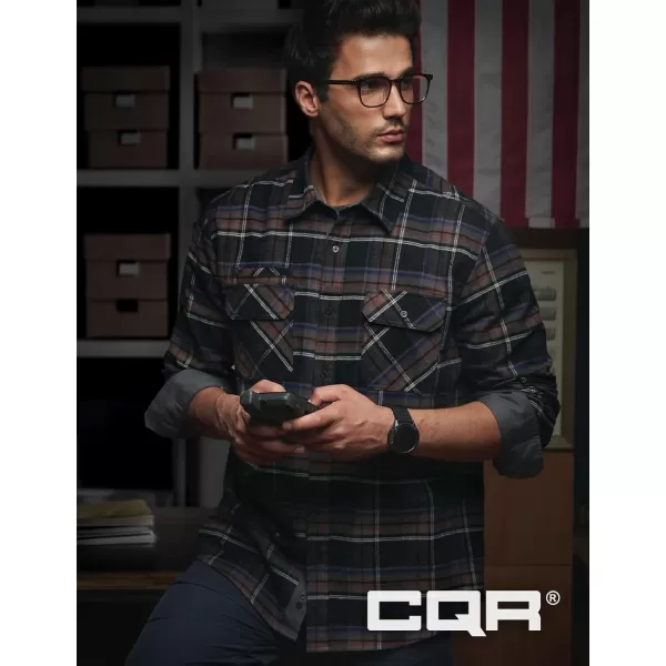 CQR Mens All Cotton Flannel Shirt Long Sleeve Casual Button Up Plaid Shirt Brushed Soft Outdoor ShirtsStealth Coal Miner