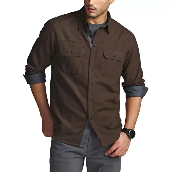 CQR Mens All Cotton Flannel Shirt Long Sleeve Casual Button Up Plaid Shirt Brushed Soft Outdoor ShirtsStealth Dark Brown