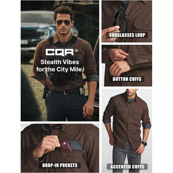 CQR Mens All Cotton Flannel Shirt Long Sleeve Casual Button Up Plaid Shirt Brushed Soft Outdoor ShirtsStealth Dark Brown