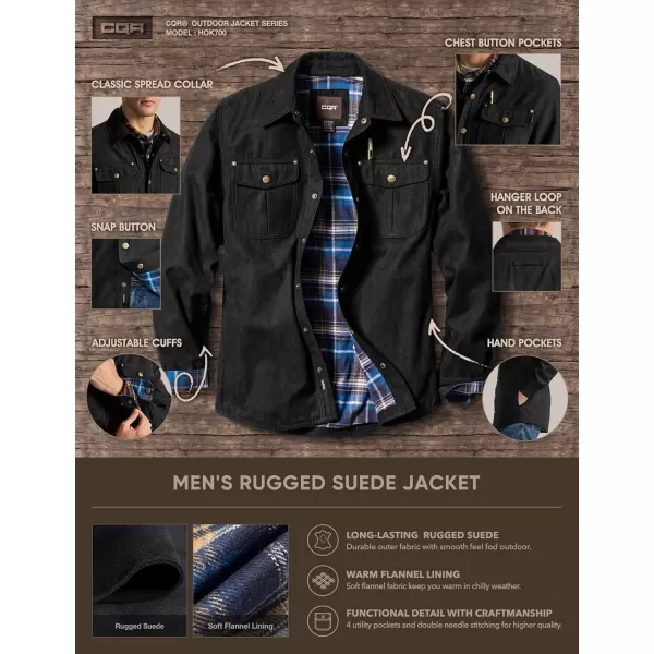 CQR Mens Flannel Lined Shirt Jackets Long Sleeved Rugged Plaid Cotton Brushed Suede Shirt JacketFlannel Lined Sandstom Black