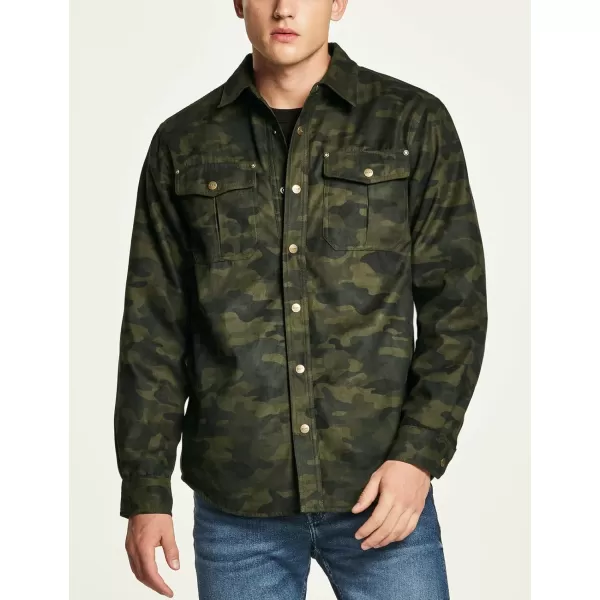 CQR Mens Flannel Lined Shirt Jackets Long Sleeved Rugged Plaid Cotton Brushed Suede Shirt JacketFlannel Print Lined Camo Olive