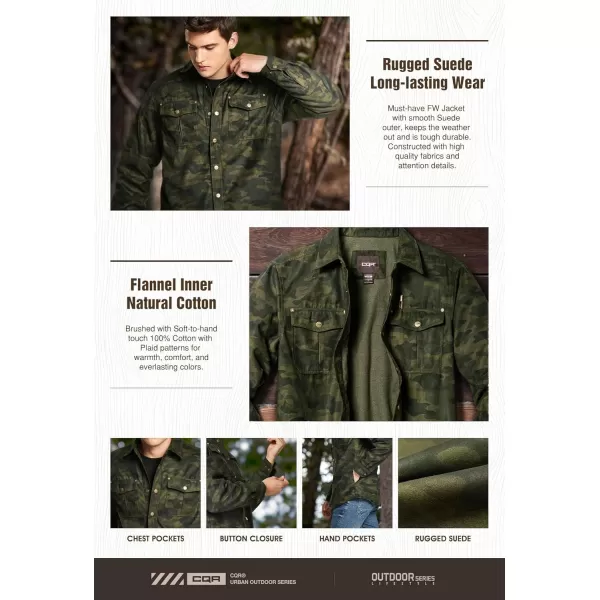 CQR Mens Flannel Lined Shirt Jackets Long Sleeved Rugged Plaid Cotton Brushed Suede Shirt JacketFlannel Print Lined Camo Olive