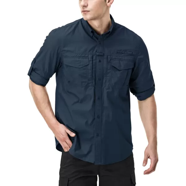 CQR Mens Long Sleeve Work Shirts Ripstop Military Tactical Shirts Outdoor UPF 50 Breathable Button Down Hiking ShirtOfficer Shirts Dark Navy