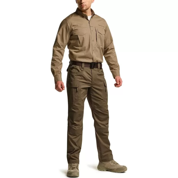 CQR Mens Long Sleeve Work Shirts Ripstop Military Tactical Shirts Outdoor UPF 50 Breathable Button Down Hiking ShirtOfficer Work Shirts Coyote Brown