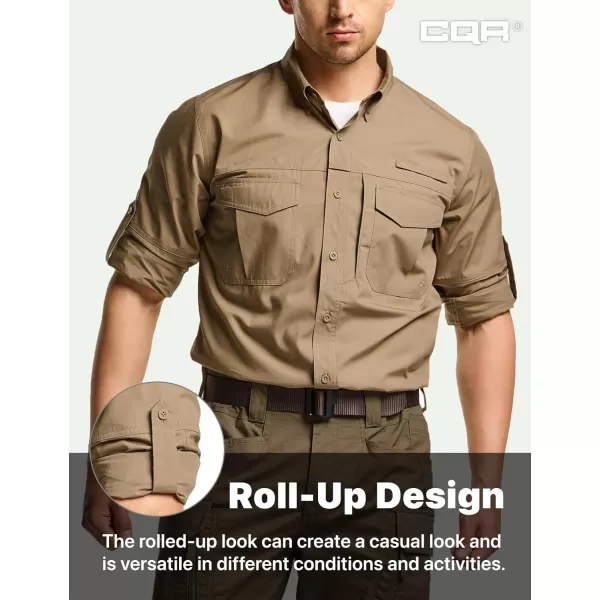 CQR Mens Long Sleeve Work Shirts Ripstop Military Tactical Shirts Outdoor UPF 50 Breathable Button Down Hiking ShirtOfficer Work Shirts Coyote Brown