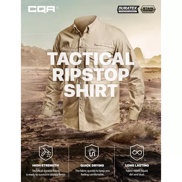 CQR Mens Long Sleeve Work Shirts Ripstop Military Tactical Shirts Outdoor UPF 50 Breathable Button Down Hiking ShirtOfficer Work Shirts Dark Khaki