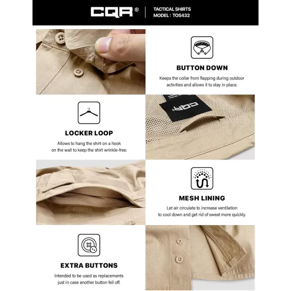 CQR Mens Long Sleeve Work Shirts Ripstop Military Tactical Shirts Outdoor UPF 50 Breathable Button Down Hiking ShirtOfficer Work Shirts Dark Khaki