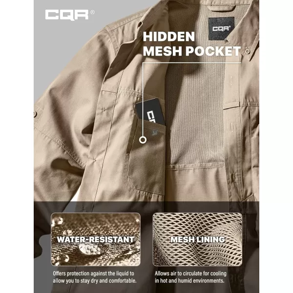 CQR Mens Long Sleeve Work Shirts Ripstop Military Tactical Shirts Outdoor UPF 50 Breathable Button Down Hiking ShirtOfficer Work Shirts Dark Khaki