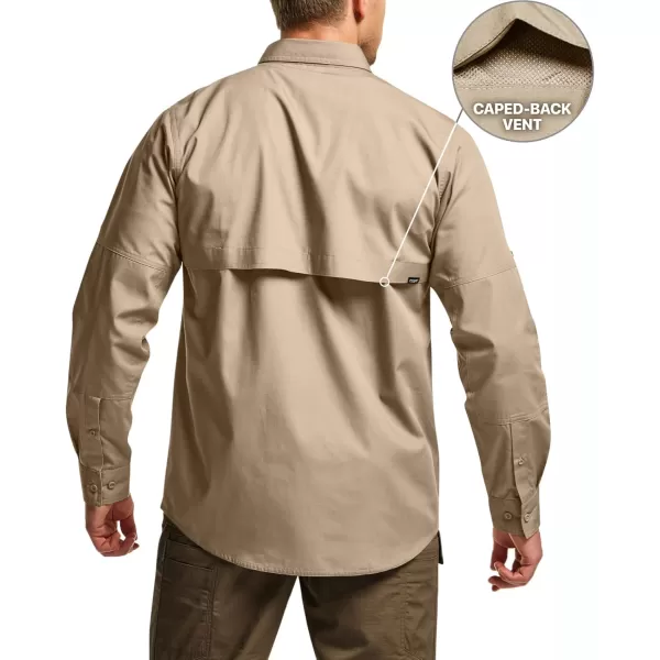 CQR Mens Long Sleeve Work Shirts Ripstop Military Tactical Shirts Outdoor UPF 50 Breathable Button Down Hiking ShirtOfficer Work Shirts Dark Khaki