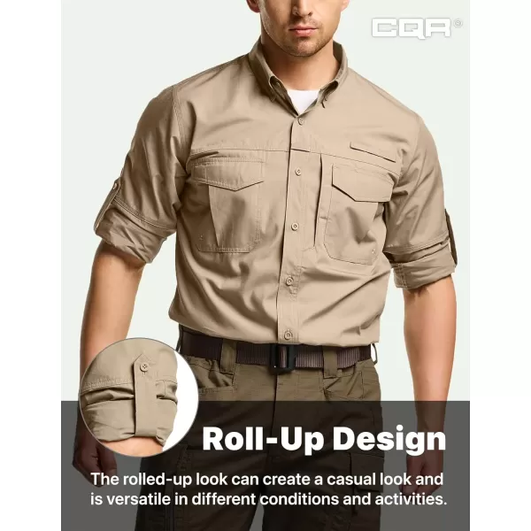 CQR Mens Long Sleeve Work Shirts Ripstop Military Tactical Shirts Outdoor UPF 50 Breathable Button Down Hiking ShirtOfficer Work Shirts Dark Khaki