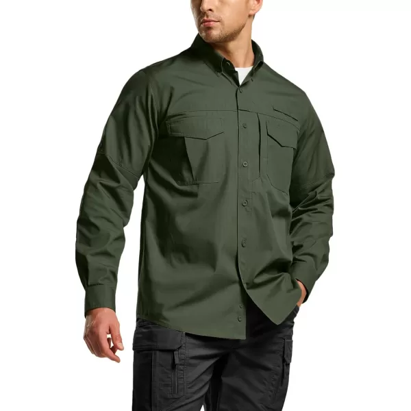 CQR Mens Long Sleeve Work Shirts Ripstop Military Tactical Shirts Outdoor UPF 50 Breathable Button Down Hiking ShirtOfficer Work Shirts Olive Drab