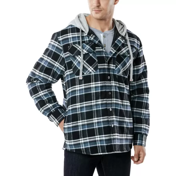 CQR Mens Quilted Lined Flannel Hooded Shirt Jacket Soft Warm Long Sleeve Outdoor Cotton Plaid Shirt JacketsQuilted Lined Black  Blue