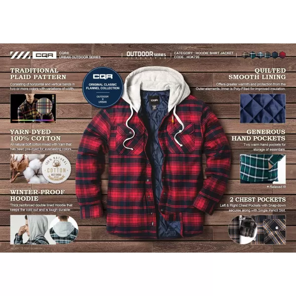 CQR Mens Quilted Lined Flannel Hooded Shirt Jacket Soft Warm Long Sleeve Outdoor Cotton Plaid Shirt JacketsQuilted Lined Black  Blue