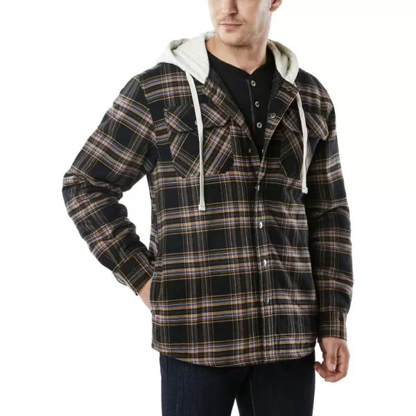 CQR Mens Quilted Lined Flannel Hooded Shirt Jacket Soft Warm Long Sleeve Outdoor Cotton Plaid Shirt JacketsQuilted Lined Black  Brown