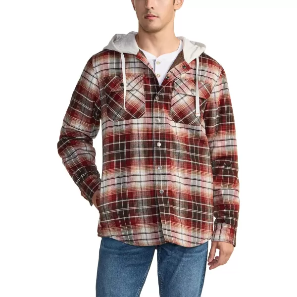 CQR Mens Quilted Lined Flannel Hooded Shirt Jacket Soft Warm Long Sleeve Outdoor Cotton Plaid Shirt JacketsQuilted Lined Burgundy