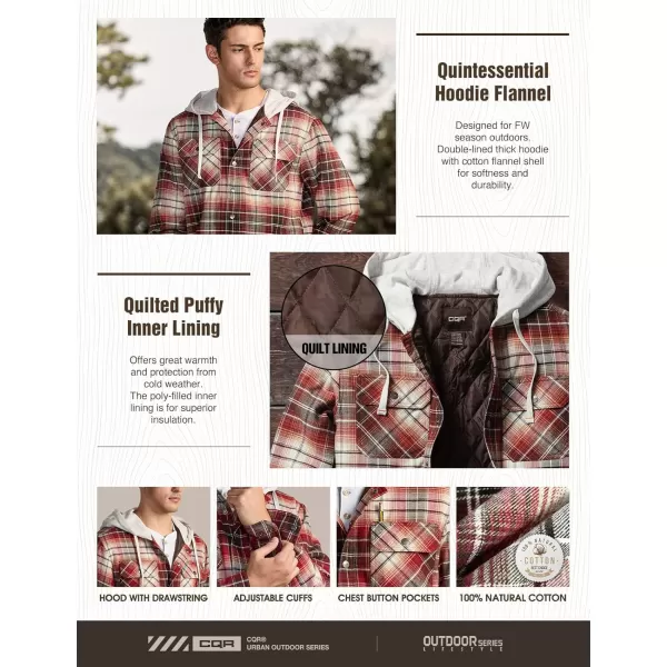 CQR Mens Quilted Lined Flannel Hooded Shirt Jacket Soft Warm Long Sleeve Outdoor Cotton Plaid Shirt JacketsQuilted Lined Burgundy