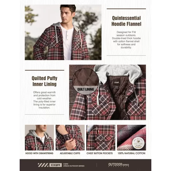 CQR Mens Quilted Lined Flannel Hooded Shirt Jacket Soft Warm Long Sleeve Outdoor Cotton Plaid Shirt JacketsQuilted Lined Burnt Larch