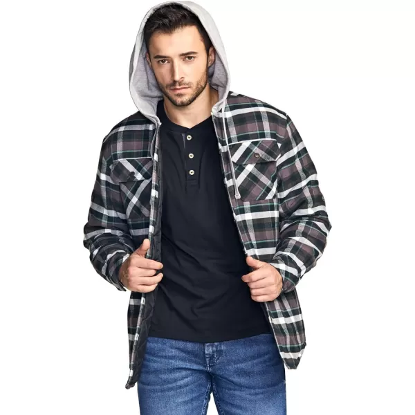 CQR Mens Quilted Lined Flannel Hooded Shirt Jacket Soft Warm Long Sleeve Outdoor Cotton Plaid Shirt JacketsQuilted Lined Charcoal Plaid