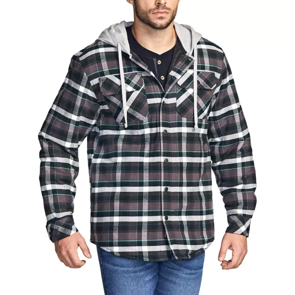 CQR Mens Quilted Lined Flannel Hooded Shirt Jacket Soft Warm Long Sleeve Outdoor Cotton Plaid Shirt JacketsQuilted Lined Charcoal Plaid