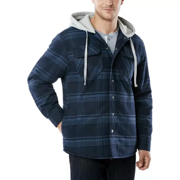 CQR Mens Quilted Lined Flannel Hooded Shirt Jacket Soft Warm Long Sleeve Outdoor Cotton Plaid Shirt JacketsQuilted Lined Deep Navy  Blue