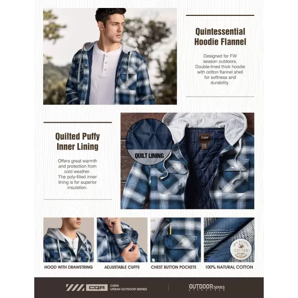 CQR Mens Quilted Lined Flannel Hooded Shirt Jacket Soft Warm Long Sleeve Outdoor Cotton Plaid Shirt JacketsQuilted Lined Deep Ocean