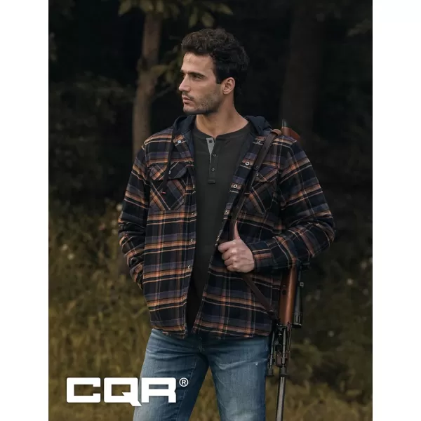 CQR Mens Quilted Lined Flannel Hooded Shirt Jacket Soft Warm Long Sleeve Outdoor Cotton Plaid Shirt JacketsQuilted Lined Fossil Rock