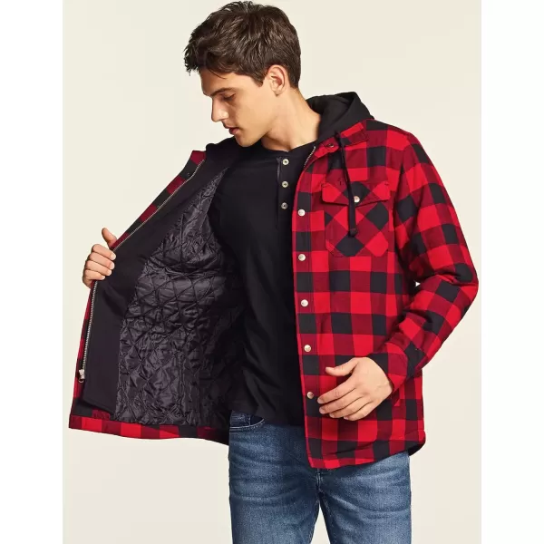 CQR Mens Quilted Lined Flannel Hooded Shirt Jacket Soft Warm Long Sleeve Outdoor Cotton Plaid Shirt JacketsQuilted Lined Full Zip Classic Red