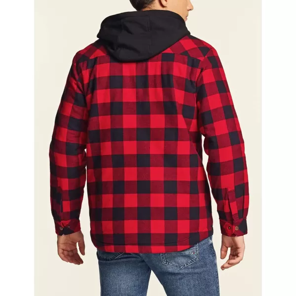 CQR Mens Quilted Lined Flannel Hooded Shirt Jacket Soft Warm Long Sleeve Outdoor Cotton Plaid Shirt JacketsQuilted Lined Full Zip Classic Red