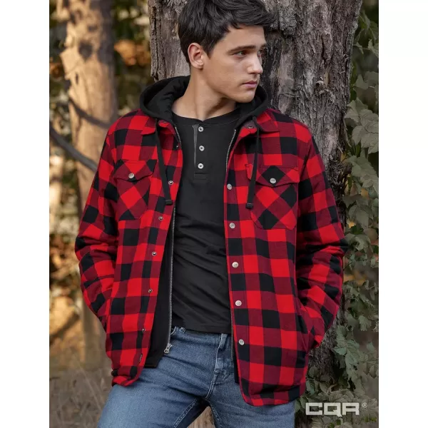 CQR Mens Quilted Lined Flannel Hooded Shirt Jacket Soft Warm Long Sleeve Outdoor Cotton Plaid Shirt JacketsQuilted Lined Full Zip Classic Red