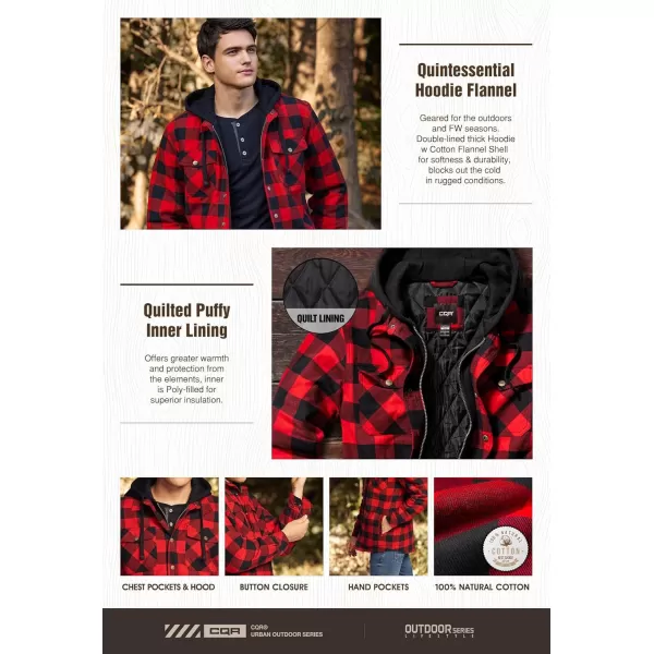 CQR Mens Quilted Lined Flannel Hooded Shirt Jacket Soft Warm Long Sleeve Outdoor Cotton Plaid Shirt JacketsQuilted Lined Full Zip Classic Red