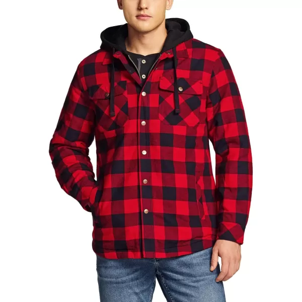 CQR Mens Quilted Lined Flannel Hooded Shirt Jacket Soft Warm Long Sleeve Outdoor Cotton Plaid Shirt JacketsQuilted Lined Full Zip Classic Red