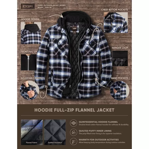 CQR Mens Quilted Lined Flannel Hooded Shirt Jacket Soft Warm Long Sleeve Outdoor Cotton Plaid Shirt JacketsQuilted Lined Full Zip Ebony Black