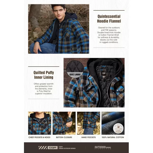 CQR Mens Quilted Lined Flannel Hooded Shirt Jacket Soft Warm Long Sleeve Outdoor Cotton Plaid Shirt JacketsQuilted Lined Full Zip River Plaid