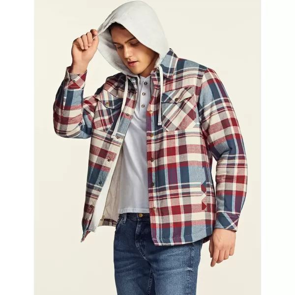 CQR Mens Quilted Lined Flannel Hooded Shirt Jacket Soft Warm Long Sleeve Outdoor Cotton Plaid Shirt JacketsQuilted Lined Full Zip Vintage Wine Plaid