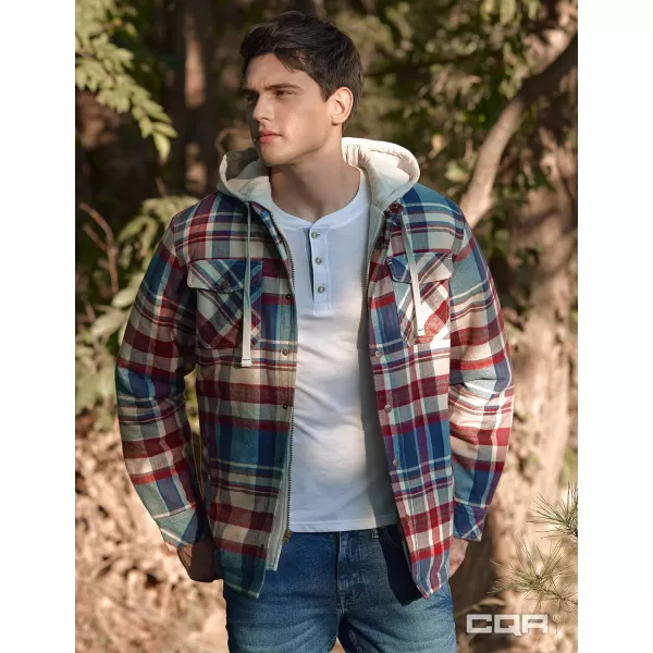 CQR Mens Quilted Lined Flannel Hooded Shirt Jacket Soft Warm Long Sleeve Outdoor Cotton Plaid Shirt JacketsQuilted Lined Full Zip Vintage Wine Plaid