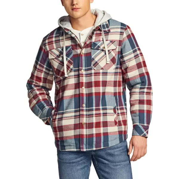 CQR Mens Quilted Lined Flannel Hooded Shirt Jacket Soft Warm Long Sleeve Outdoor Cotton Plaid Shirt JacketsQuilted Lined Full Zip Vintage Wine Plaid