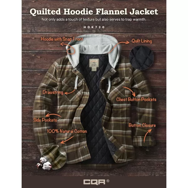 CQR Mens Quilted Lined Flannel Hooded Shirt Jacket Soft Warm Long Sleeve Outdoor Cotton Plaid Shirt JacketsQuilted Lined Hickory Green